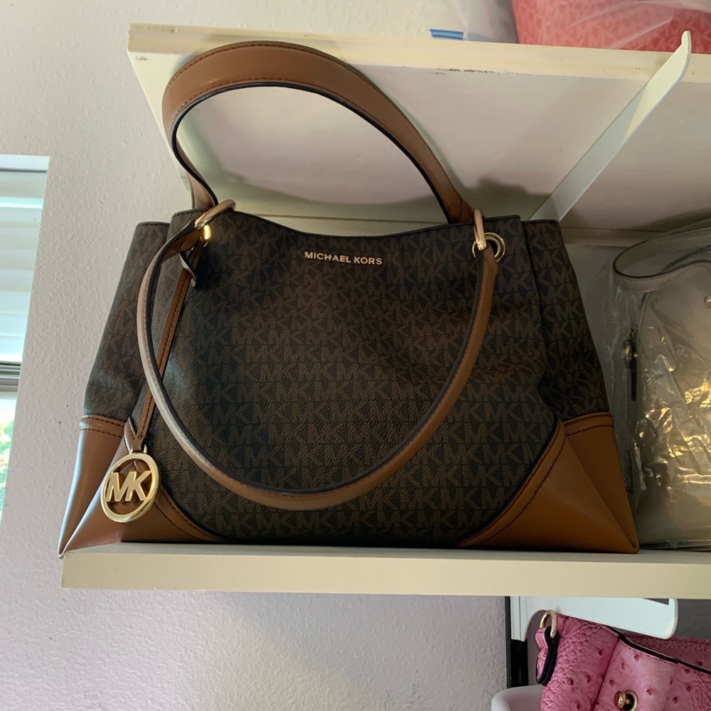 Michael Kors Classic Monogram Leather and Canvas Satchel EUC